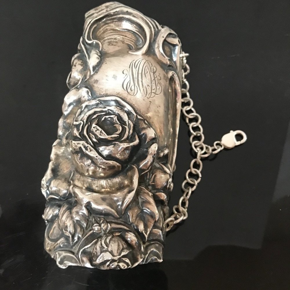Rose Sterling Silver 925 Bracer Wide Cuff Bracelet Victorian Gladiator Floral - Picture 3 of 11